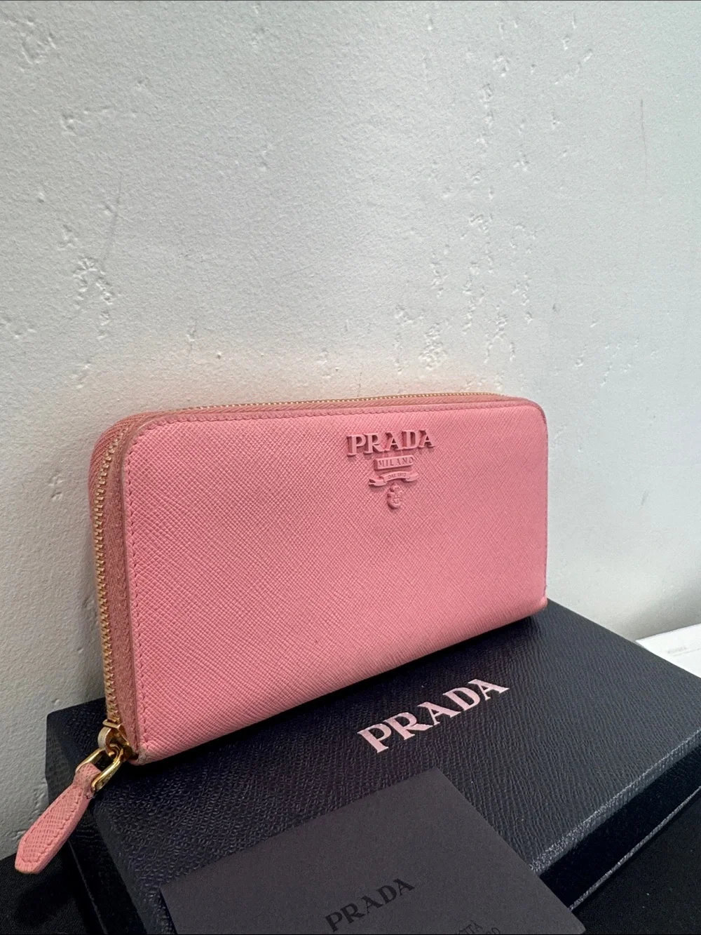 Prada Pink Saffiano Zip Wallet with Gold Hardware